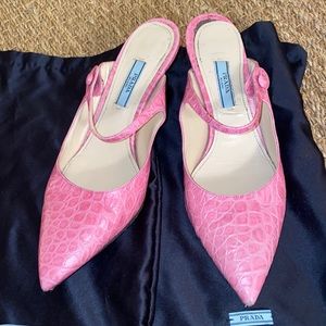 Pink Crocodile Prada Mary Jane heels